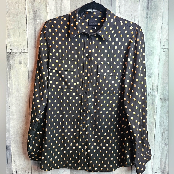 Who What Wear Black Gold Polka Dots Button Down Collared Top Blouse Long Sleeve - Picture 3 of 8